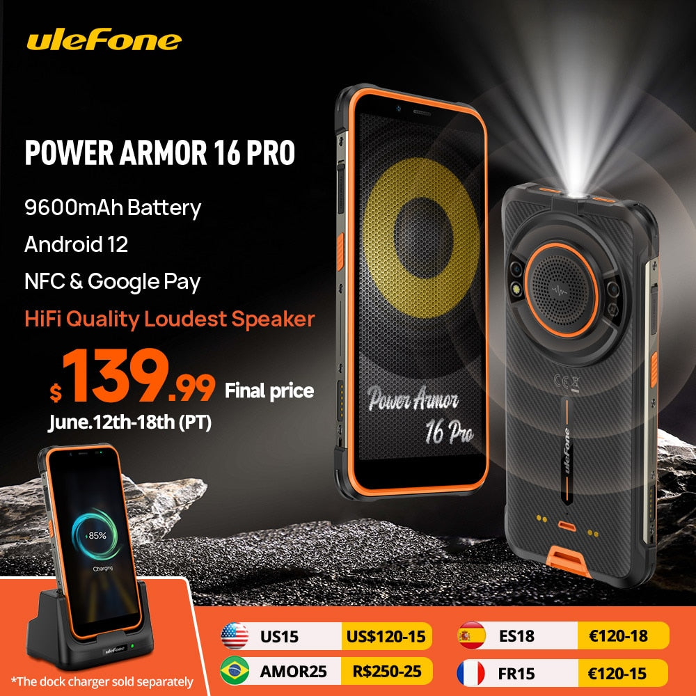 Ulefone Power Armor 16 Pro 9600mAh Rugged Waterproof Smartphone 64G ROM Android 12 NFC  Rugged Phone 2.4G/5G WiFi Global Version