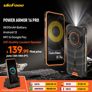Ulefone Power Armor 16 Pro 9600mAh Rugged Waterproof Smartphone 64G ROM Android 12 NFC  Rugged Phone 2.4G/5G WiFi Global Version