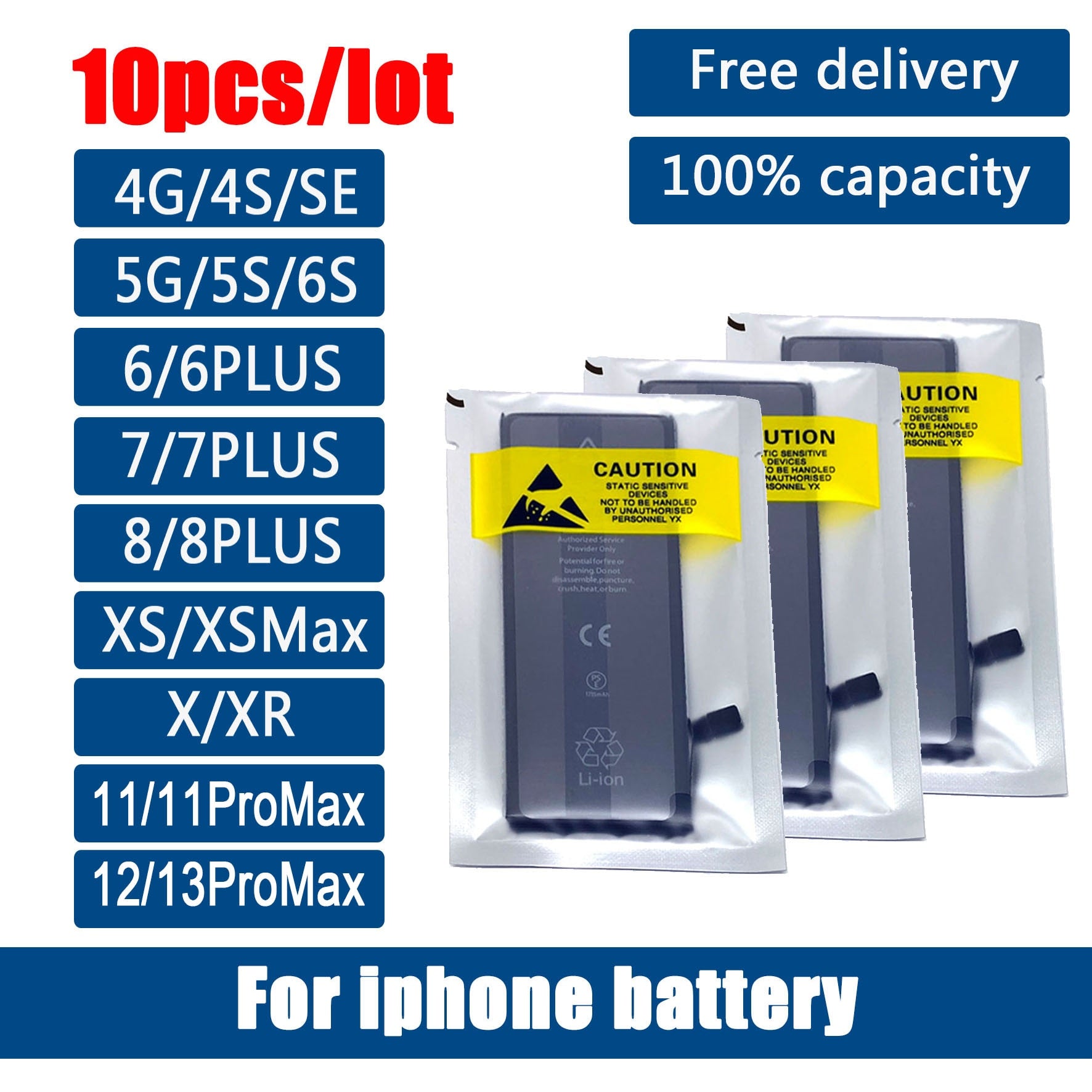 10pcs/Lot New 0 Cycle Oem Mobile Phone Battery For iPhone 4 4S 5 5S 5C SE 2020 6 6S 7 8 Plus X XR XS 11 12 13 Mini SE2 Pro Max