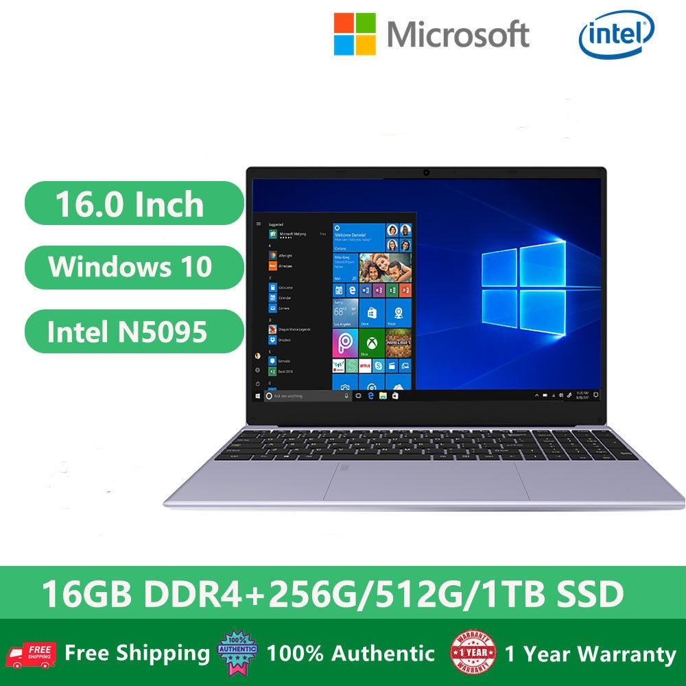 Office Laptops Computer PC Windows 10 School NoteBook Learning 16 inch Netbook Intel N5095 16GB RAM +1TB M.2 Camera Bluetooth