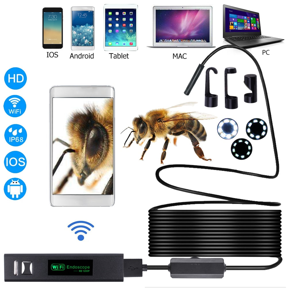 Industrial Endoscope Camera 8mm Lens HD 2.0MP WIFI Wireless Drain Pipe Engine Inspection Borescope Waterproof for Phones PC USB