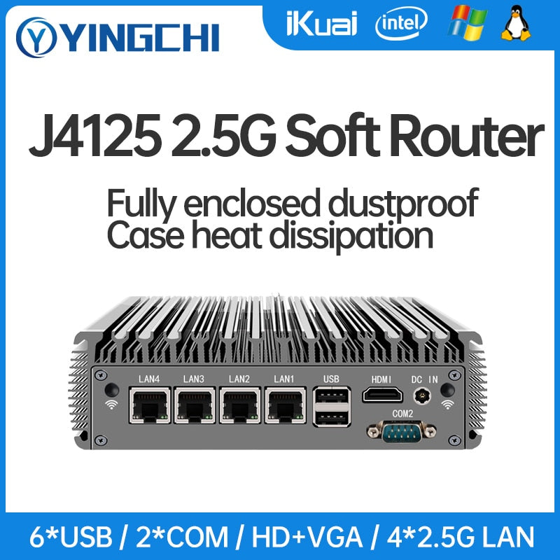 YINGCHI Intel Celeron J4125/N5095 Pentium J6426 Fanless Soft Router Mini PC 4x 2.5G LAN HD and VGA  Ports Firewall Appliance