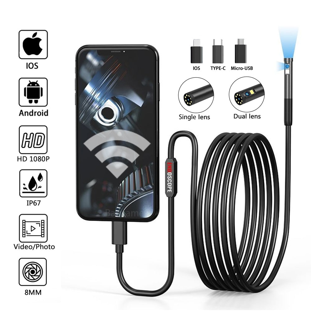 1080P WiFi Industrial Endoscope Camera Single&Dual 8MM Lens Car Sewer Inspection Borescope For IOS Android Smart Phone USB-C