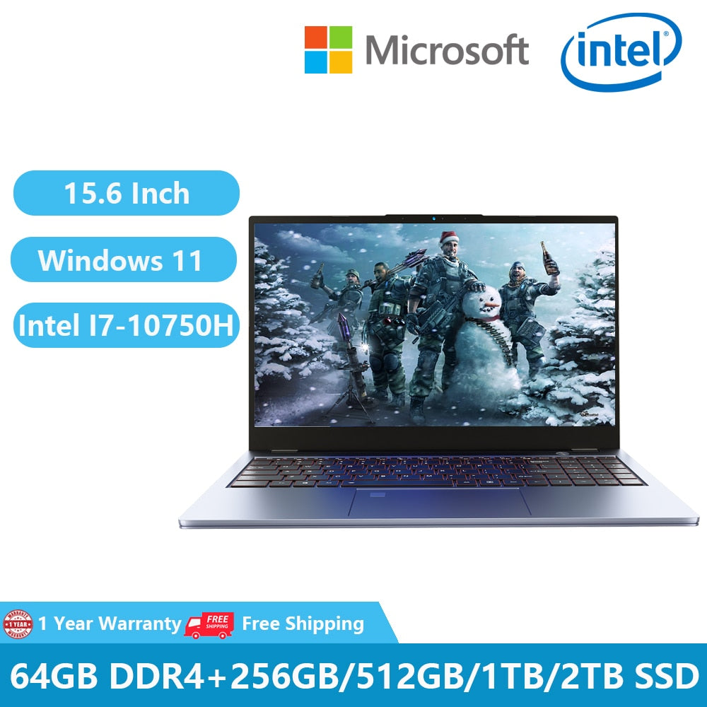 2023 Laptop Gaming Computer PC Office Notebooks Windows 11 Netbook 15.6" 10th Generation I7-10750H 64GB RAM 2TB SSD M.2 RJ45