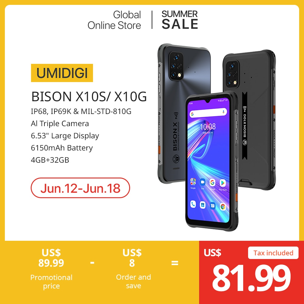 UMIDIGI BISON X10S X10G IP68/IP69K Android 11 Waterproof Rugged Phone 6.53" HD+ 4GB+32GB 16MP 6150mAh Battery Smartphone