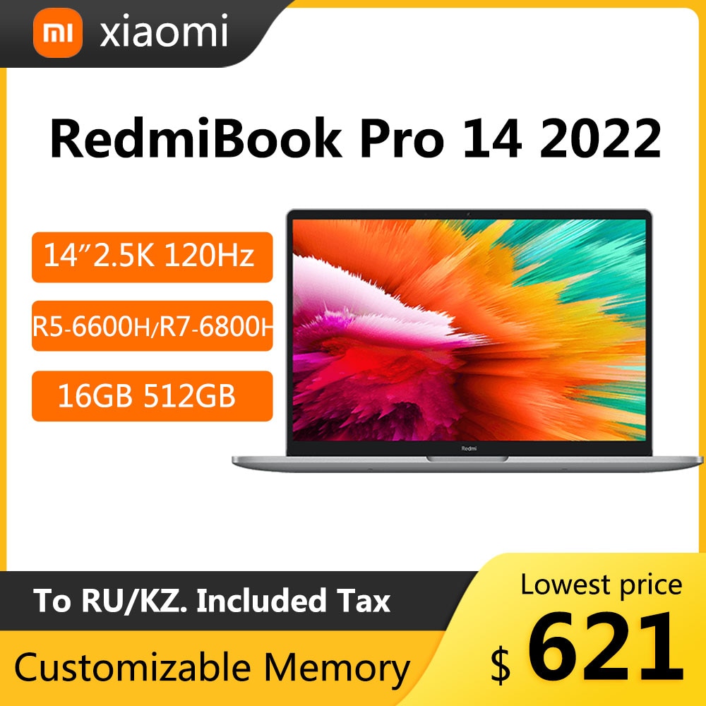 Original Xiaomi Redmibook Pro 14 2022 Laptop 14 Inch 2.5K 120Hz Screen R5-6600H R7-6800H 16GB 512GB Netbook AMD Radeon Graphics