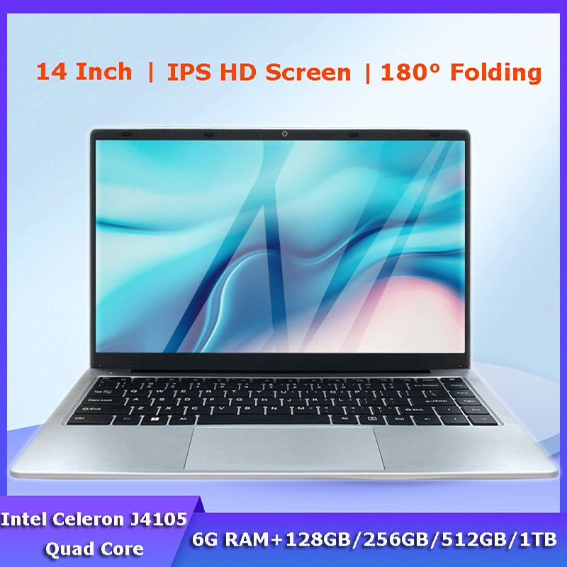 14 Inch Cheap Laptop Intel J4105 DDR4 6GB RAM+1TB SSD Portable Student Win 10 Notebook FHD Screen Computer for Business Office