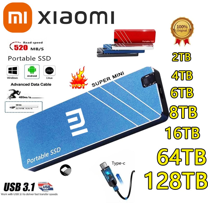 XIAOMI Portable SSD Type-C/USB3.1 External Mobile Solid State Drive Mini High Speed 2TB 4TB 8TB 16TB Hard Drive Laptop Hard Driv
