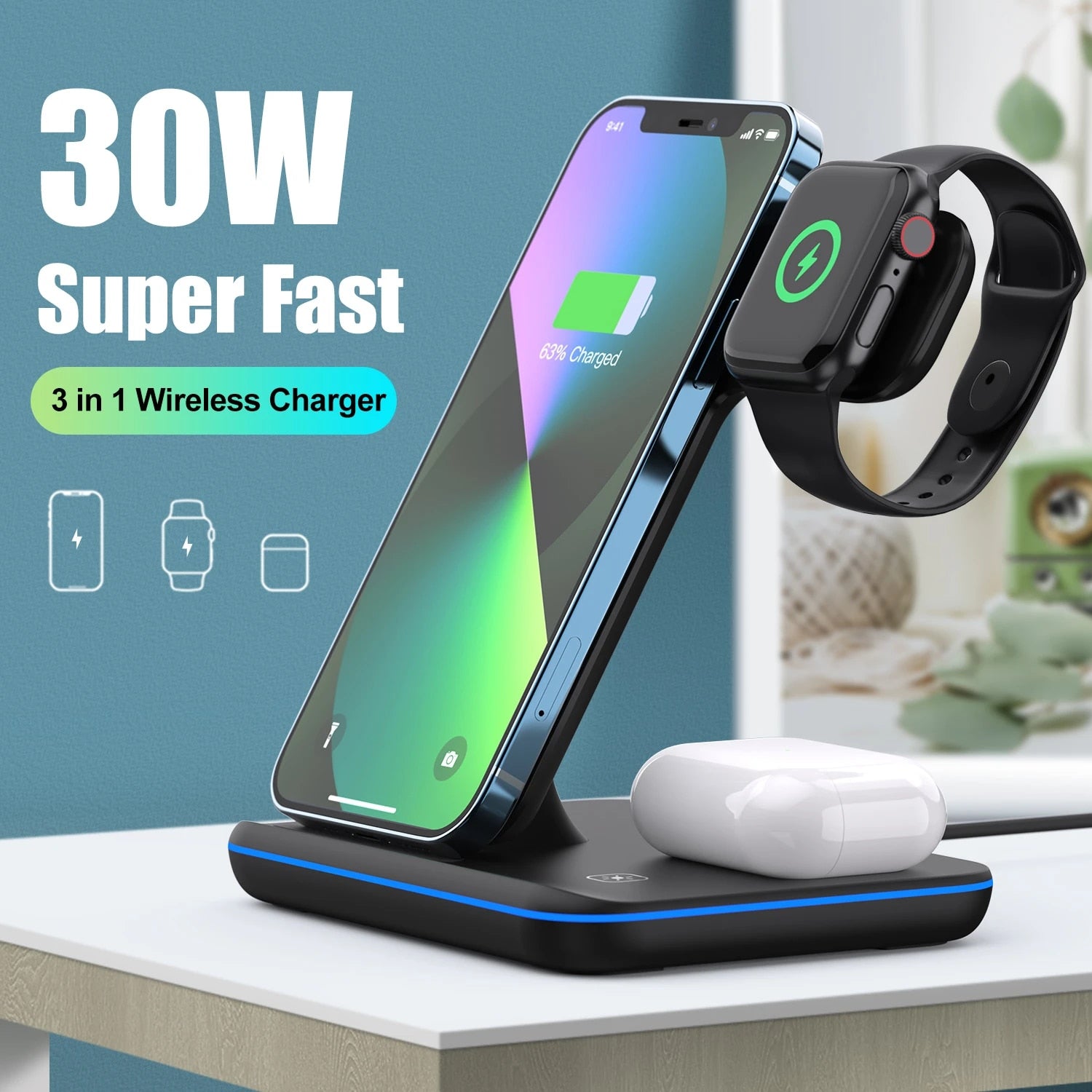 3 in 1 Wireless Charger Stand 15W Qi Fast Charging Dock Station for Apple Watch iWatch S8 AirPods Pro For iPhone 14 13 12 XS XR