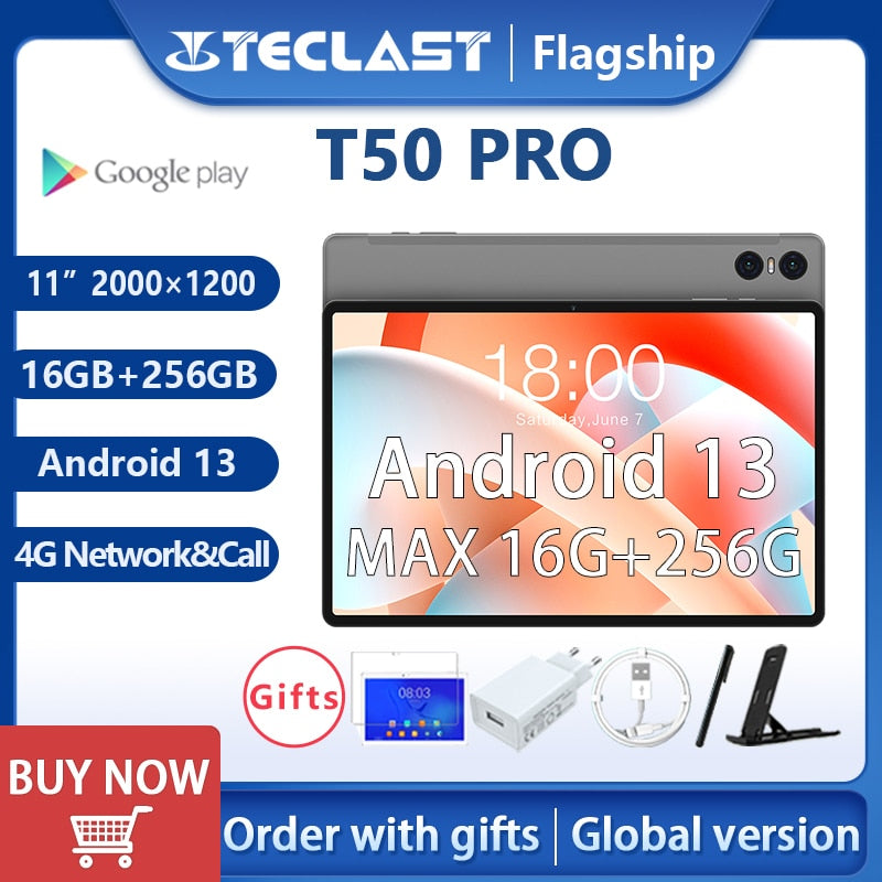 【NEW】Teclast T50 PRO Tablet MAX 16GB+256GB 11" 2K Android 13 2000x1200 MTK G99 Octa Core 4G Network Type-C 18W Fast Charging