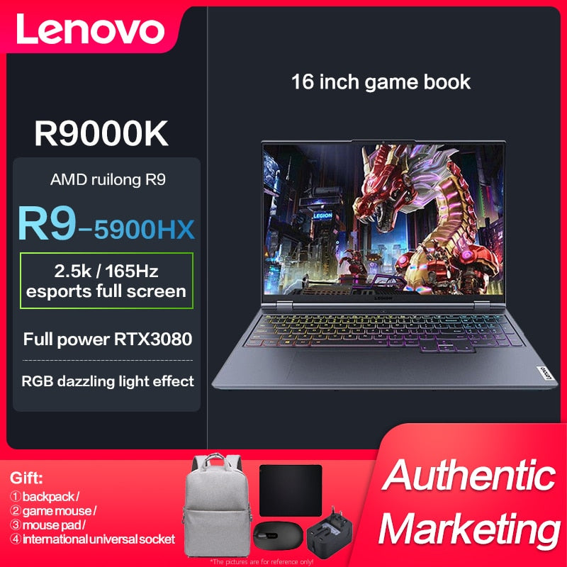 Lenovo Legion R9000K Esports Gaming Notebook Computer Laptops R7-5800H/R9-5900HX RTX3070/RTX3080 2.5K 165Hz 16Inch Gamer Laptop