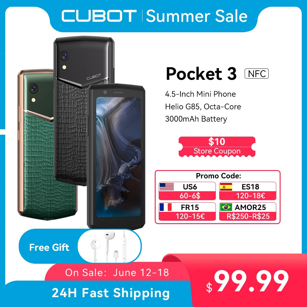 Cubot Pocket 3, 4.5-Inch Mini Smartphone, Helio G85,Octa-Core, NFC, 4GB RAM, 64GB ROM, 3000mAh, 20MP Camera, Dual SIM 4G Phone