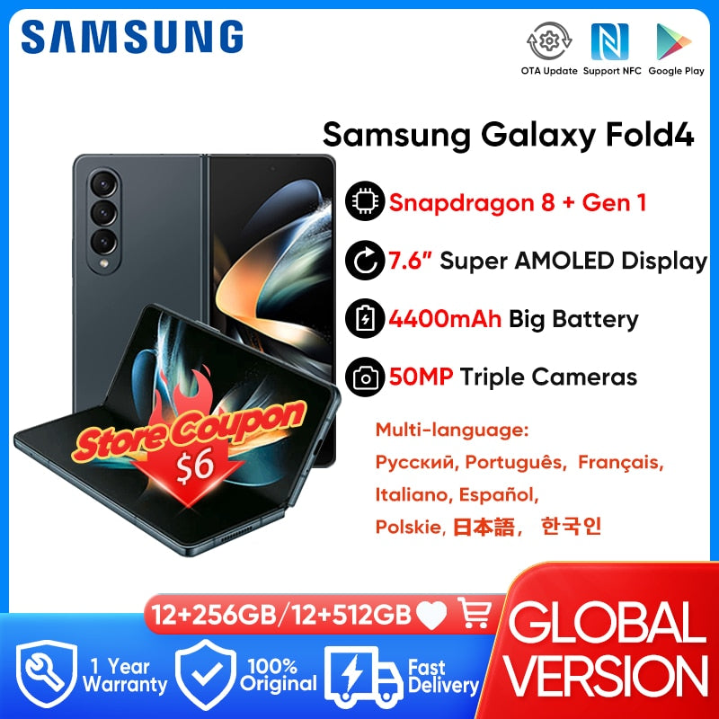 2022 Original Samsung Galaxy Z Fold 4 Smartphone Android 7.6" Super AMOLED 120Hz Display 4400mAh Battery 5G Folding Cellphones