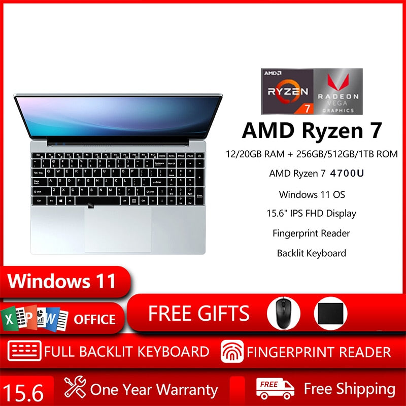 AMD Ryzen 7 4700U Octa-Core Laptop 15.6" Full HD  12/20GB LPDDR4 256/512/1024GB SSD, Windows 10 Pro, Dual Wi-Fi