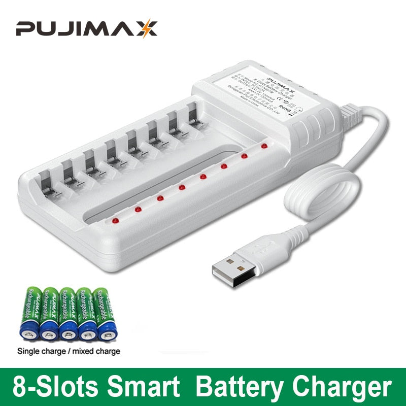 PUJIMAX Rechargeable Battery Charger USB Output 8 Slots Fast Charging Short Circuit Protection suitable for AAA/AA Battery Tools