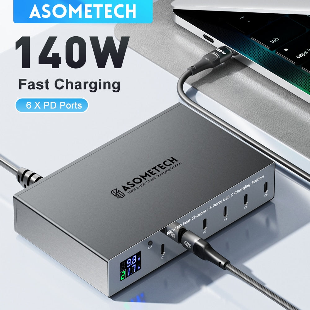 140W 6 Ports USB C Fast Charger PD 30W Type C Charging Station With Digital Display For IPhone 14 13 Pro Max Samsung Xiaomi Ipad