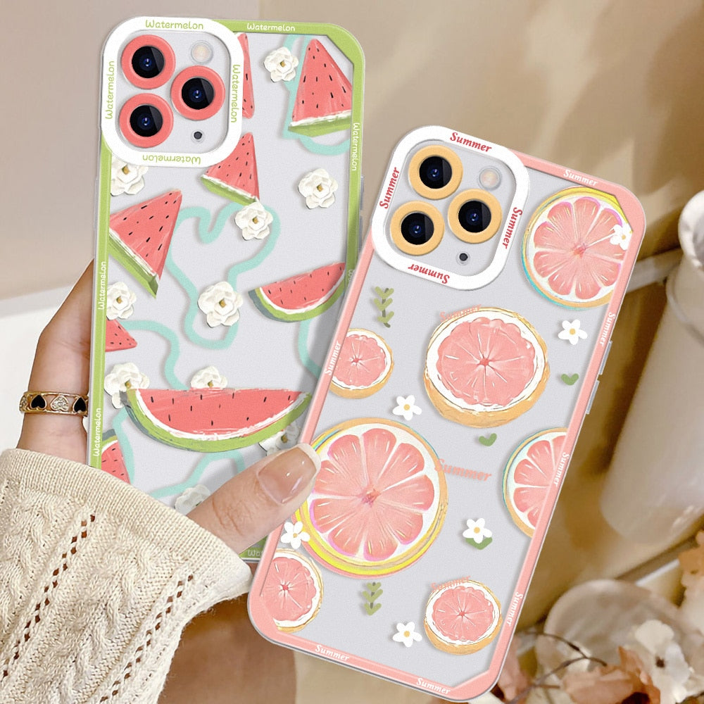 Summer Fruit Phone Case For iPhone 14 12 11 13 Pro Max X XR XS MAX 7 8 Plus SE 2020 Case Watermelon Grape Shockproof Clear Cover
