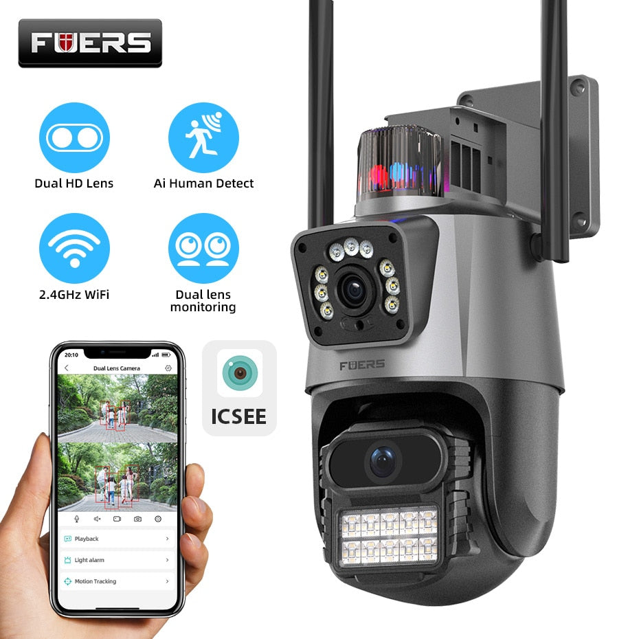 FUERS 8MP 4K IP Camera Outdoor WiFi PTZ Dual Lens Dual Screen Auto Tracking Waterproof Security Video Surveillance Police Light