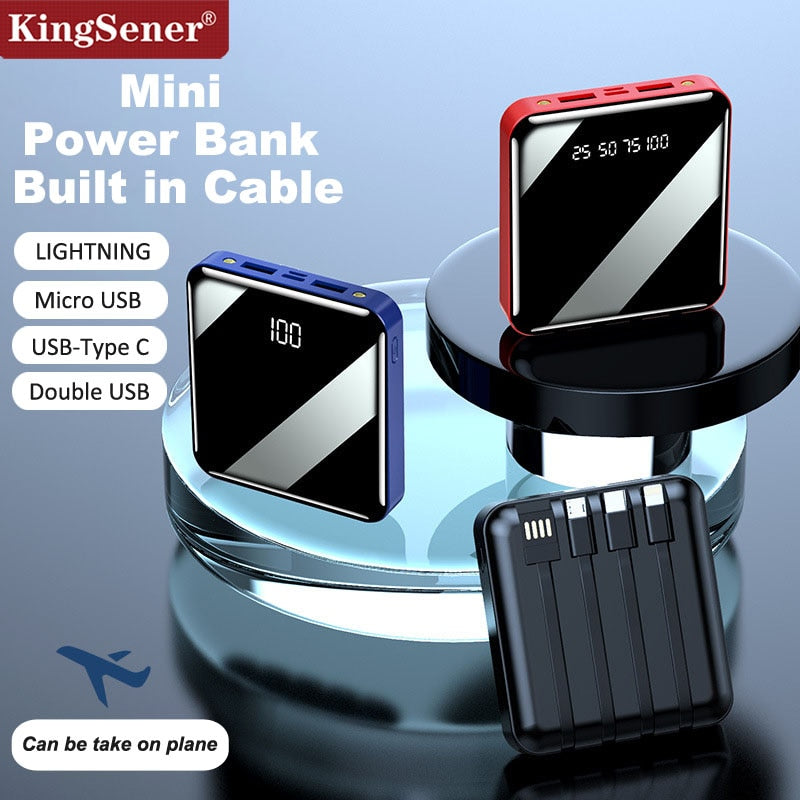 KingSener Mini Power Bank 20000mAh Mirror Screen LED Digital Display Powerbank with Cable for iPhone 12 11 Samsung Huawei Xiaomi