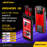 Ulefone Armor 15 Rugged Phone Android 12 Built-in TWS Earbuds Smartphone 6600mAh 128GB NFC 2.4G/5G WLAN Waterproof Mobile Phones