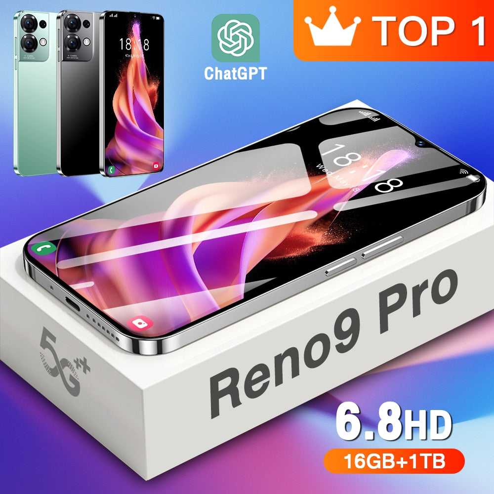 Brand New Reno9 Pro Smartphone Global Version 5G Android 6.8inch HD Full Screen 16GB+1TB Mobile Phones Dual SIM Cards Cell Phone