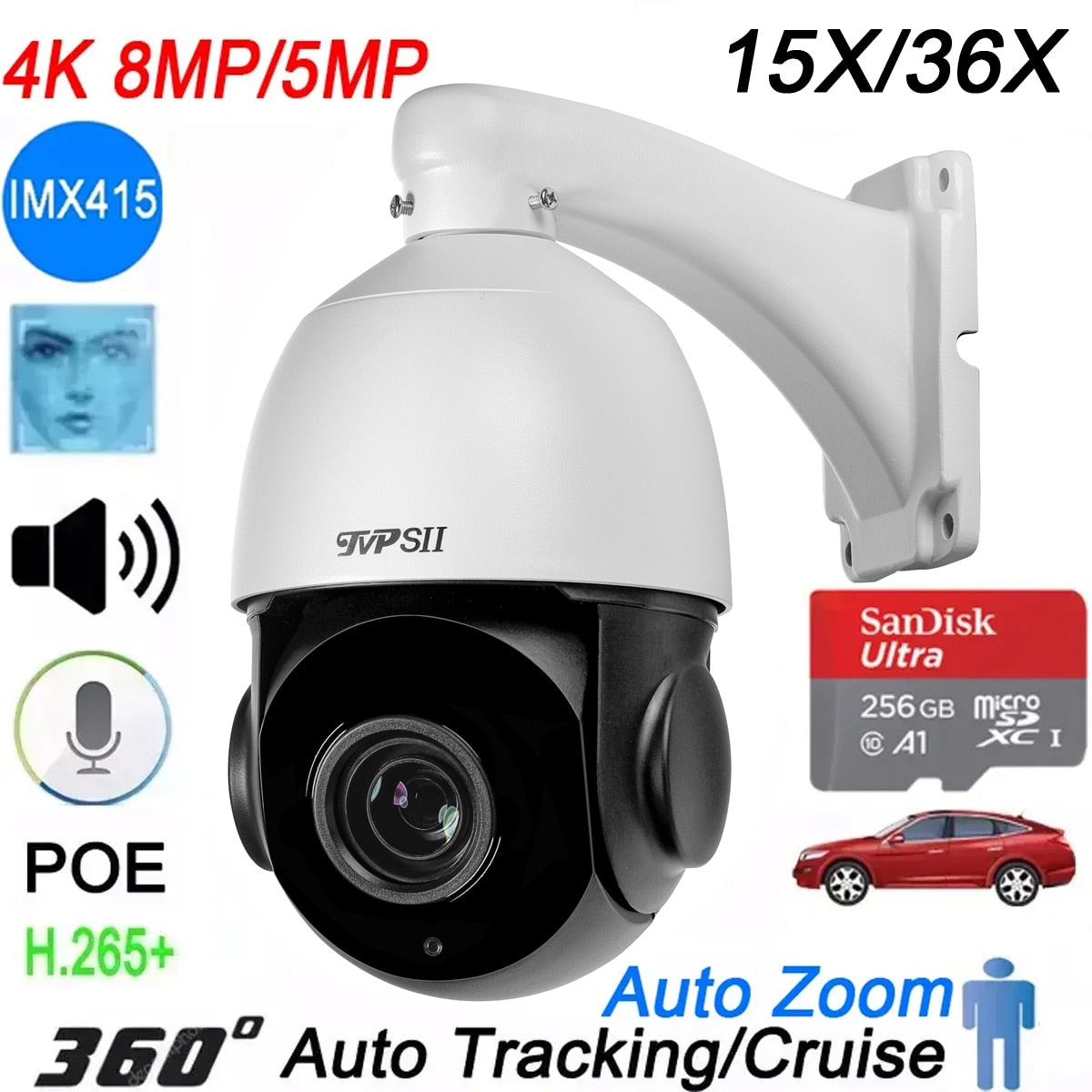 Max.256GB Auto Tracking 8MP IMX415 H.265+ 36X 15X Zoom 360° Rotation Audio Outdoor ONVIF POE PTZ Speed Dome Surveillance Camera