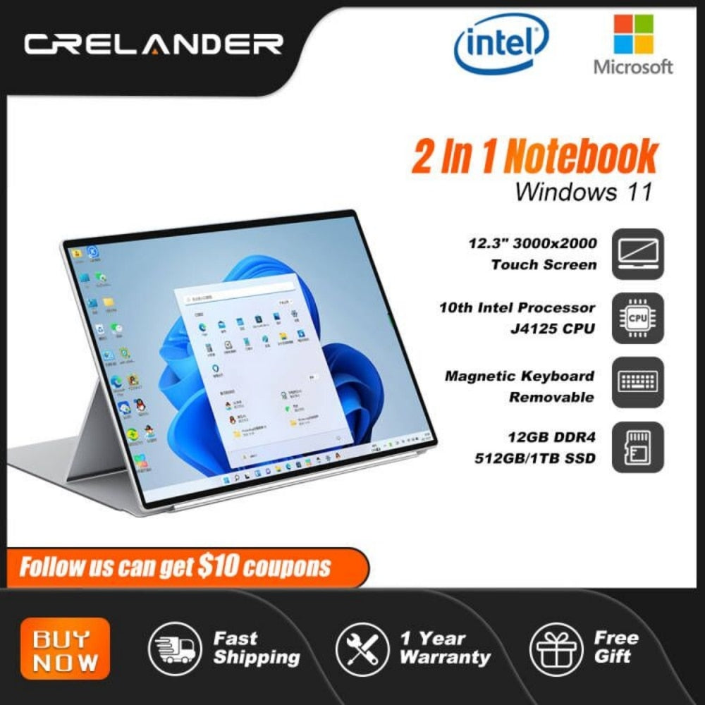 CRELANDER 2 In 1 Laptop Touch Screen 12.3 Inch 3K 12GB RAM 512GB SSD Intel J4125 Windows 11 Notebook Computer Tablet Pc