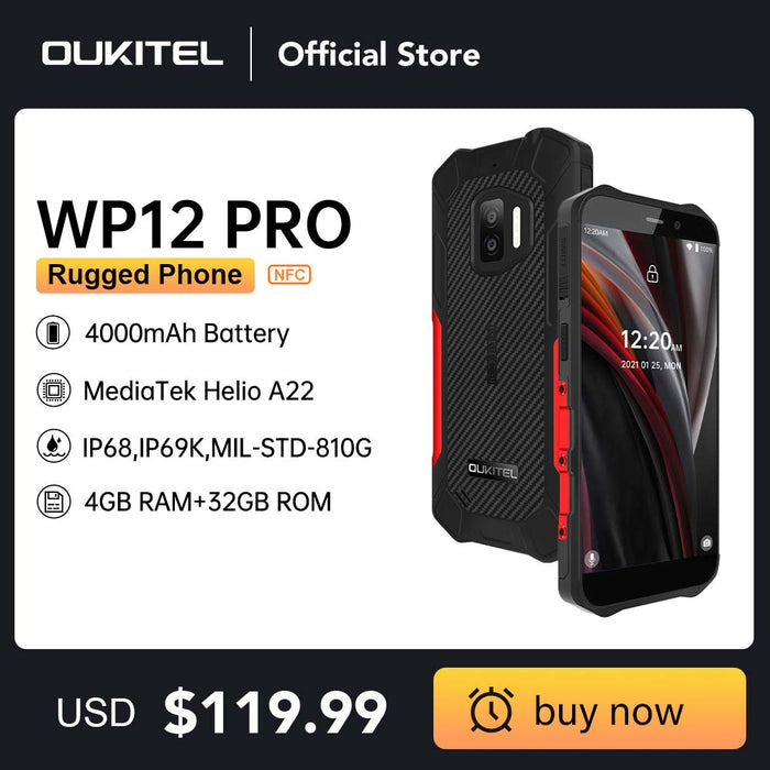 Oukitel WP12 Pro IP68/IP69K Rugged Smartphone NFC 4GB+64GB 5.55" HD+ 4000mAh Quad Core Android11 Mobile Phone 13MP Cell Phone