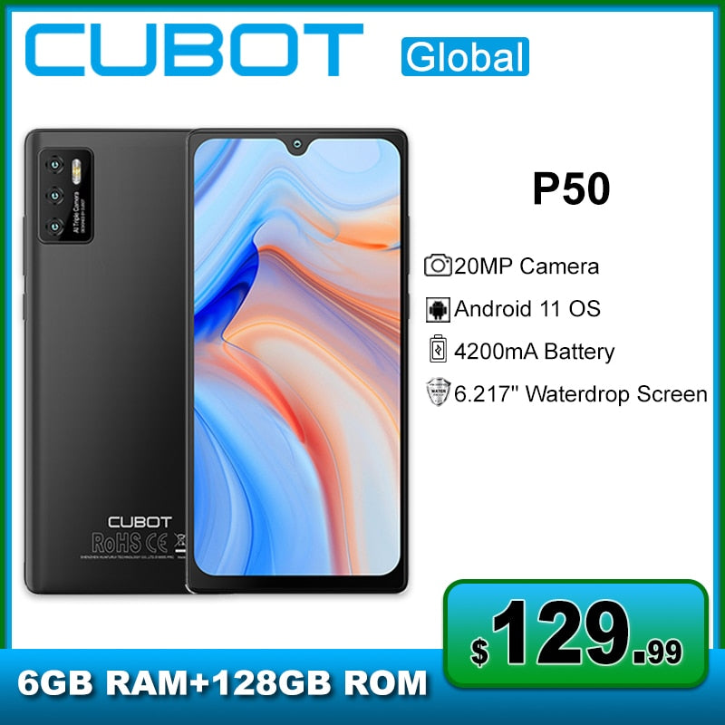 Cubot P50 Smartphone Android 11 OS 6GB +128GB 6.217" Display 4200mAh Battery Cellphones 20MP Camera Night Mode NFC Mobile Phone