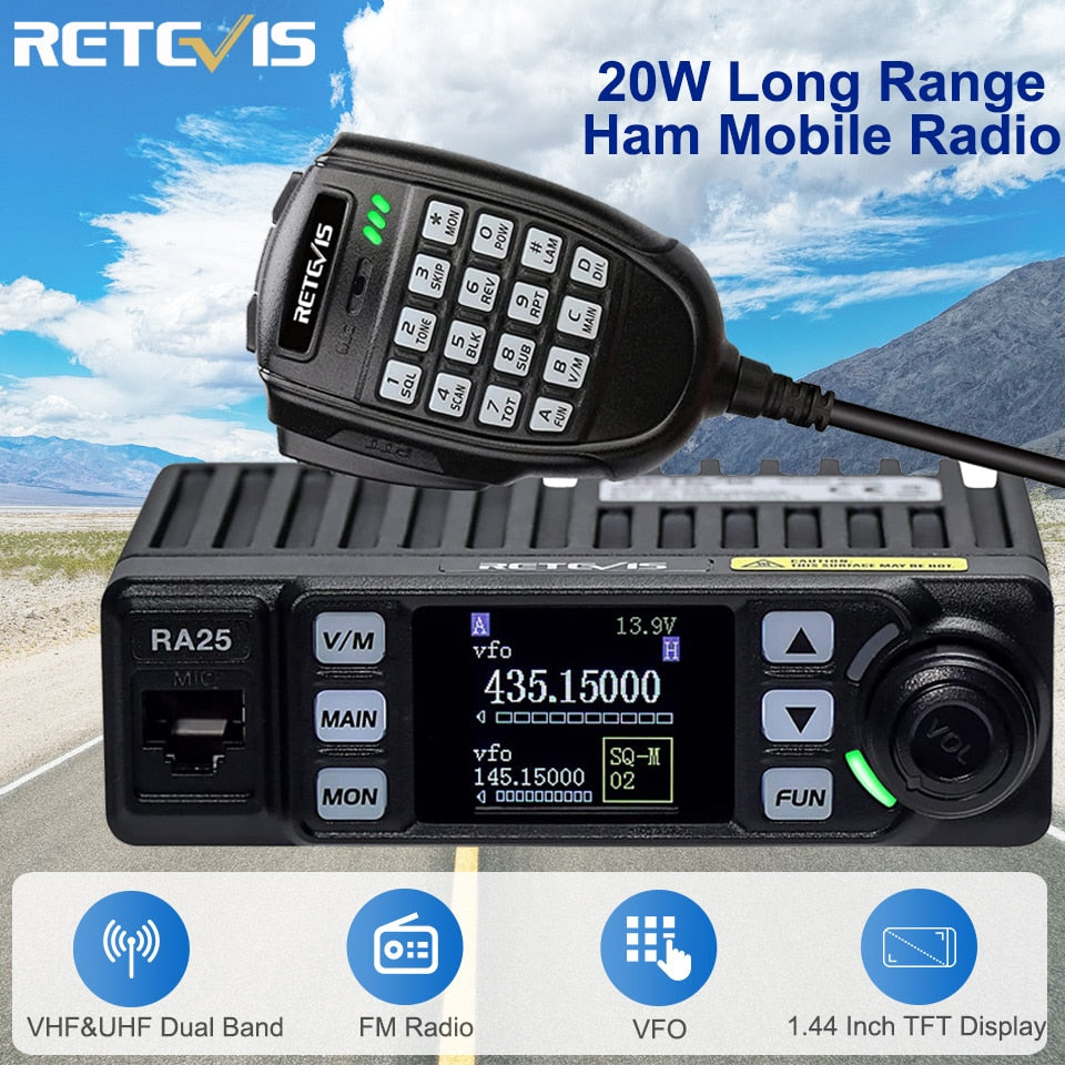 Retevis RA25 Ham Mobile Radio Dual Band/GMRS 20W Long Range Car Walkie Talkie 500/30CH Car Two Way Radio VFO FM Amateur Trucker