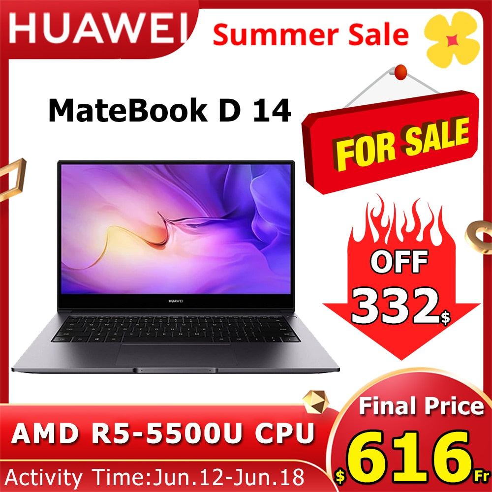 HUAWEI Laptop MateBook D 14 Ryzen R5-5500U CPU 16GB RAM 512GB SSD 14" Eye Protection Full Screen HyperTerminal AMD Notebook PC