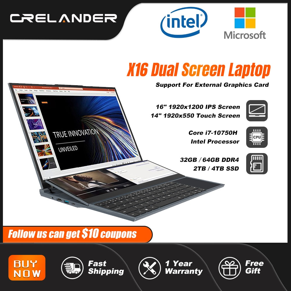 CRELANDER X16 Double Screen Laptops 16 Inch + 14 Inch Touch Screen Intel Core I7 10750H Windows 11 Portable PC Notebook Computer