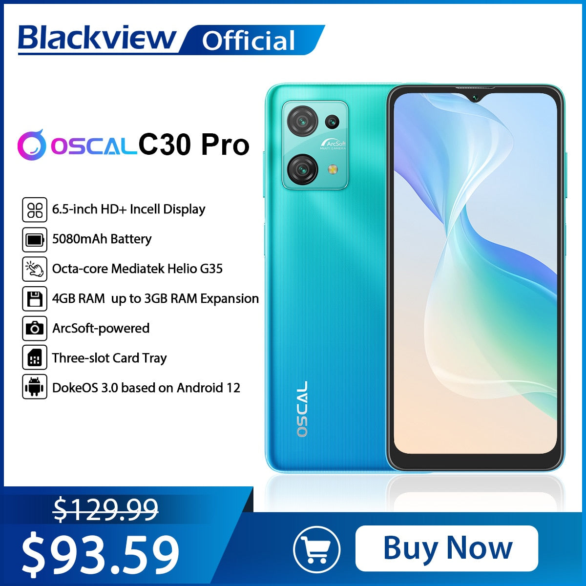 Blackview Oscal C30 Pro Android 12 Smartphone 7GB+64GB 6.5 Inch Mobile Phones 5080mAh Battery Dual 4G Telephones, Cellphone