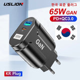 USLION GaN 65W USB C Charger Quick Charge Korea Plug PD USB-C Type C Fast USB Charger For iPhone 13 Xiaomi Samsung Max Macbook