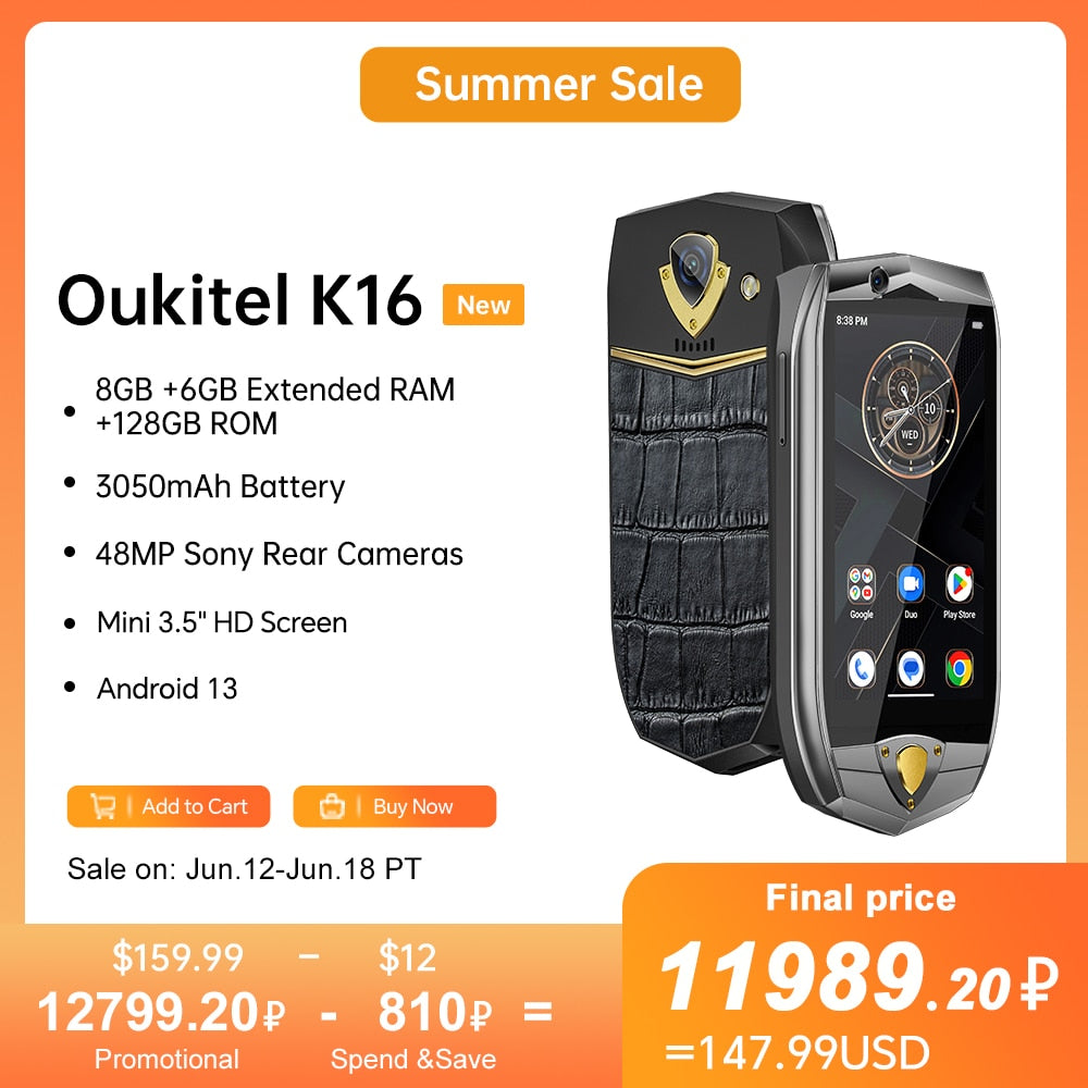 [World Premiere] Oukitel K16 Mini Cell phone 3.5" 3050mAh Smartphone 8GB +128GB Android 13 48MP Camera Mobile Phone MTK 8788 NFC