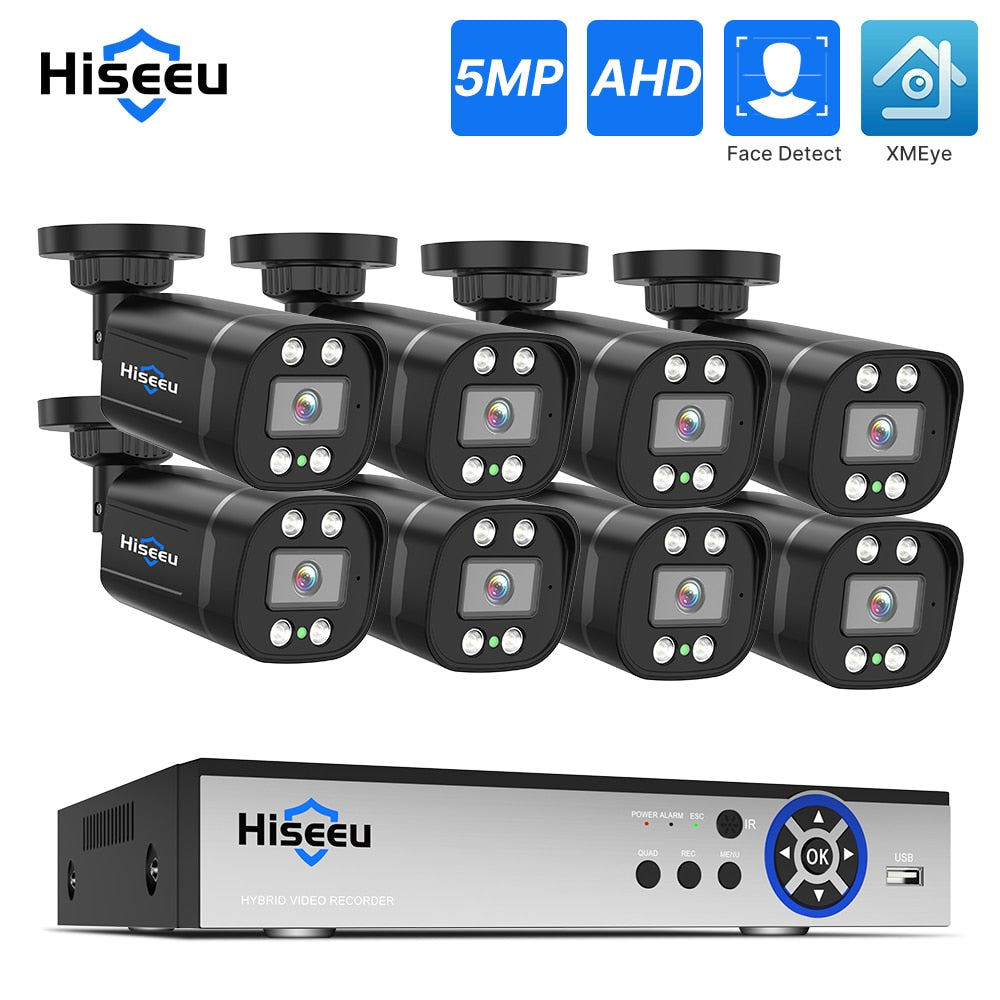 Hiseeu 8 Channels 5MP AHD CCTV Camera Wired Security System 2K HD Video Surveillance DVR Kits Infrared Night Vision XMEye Pro