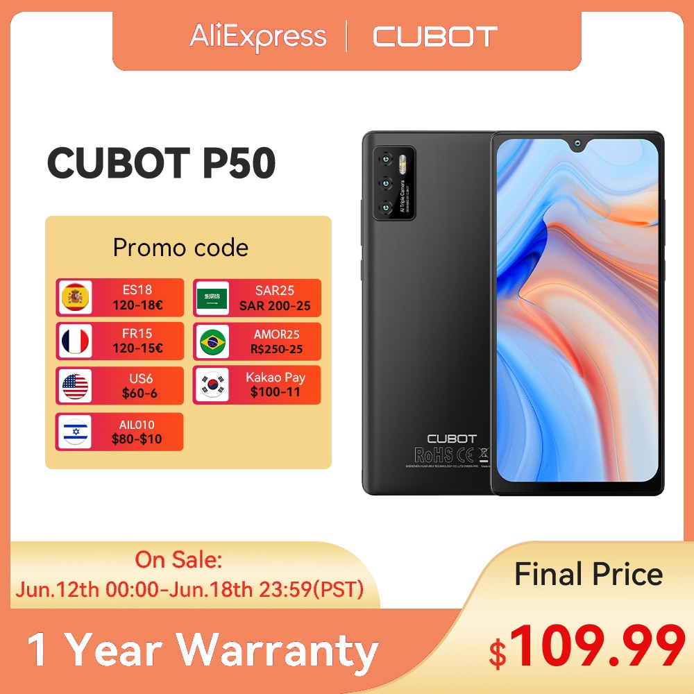2022 New Arrival Cubot P50 Smartphone Android 6GB RAM 128GB ROM 4200mAh 6.217 inch NFC 20MP AI Camera Mobile Phones celular
