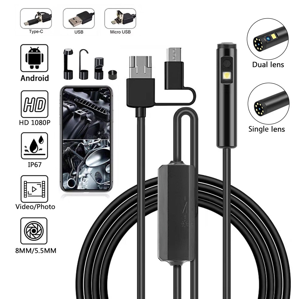 Endoscope Camera 8mm Single&Dual Lens IP67 Waterproof inspection Borescope Car Engine Sewer pipe For Android Smart Phone Type-C