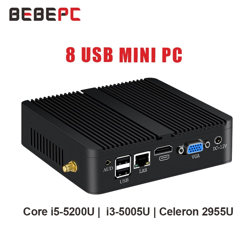BEBEPC Intel Core i3 5005U 4010Y i5 4200U 5200U Mini PC DDR3L Windows 10 HD 8*USB WiFi Celeron 2955U CPU Fanless Compute TV BOX