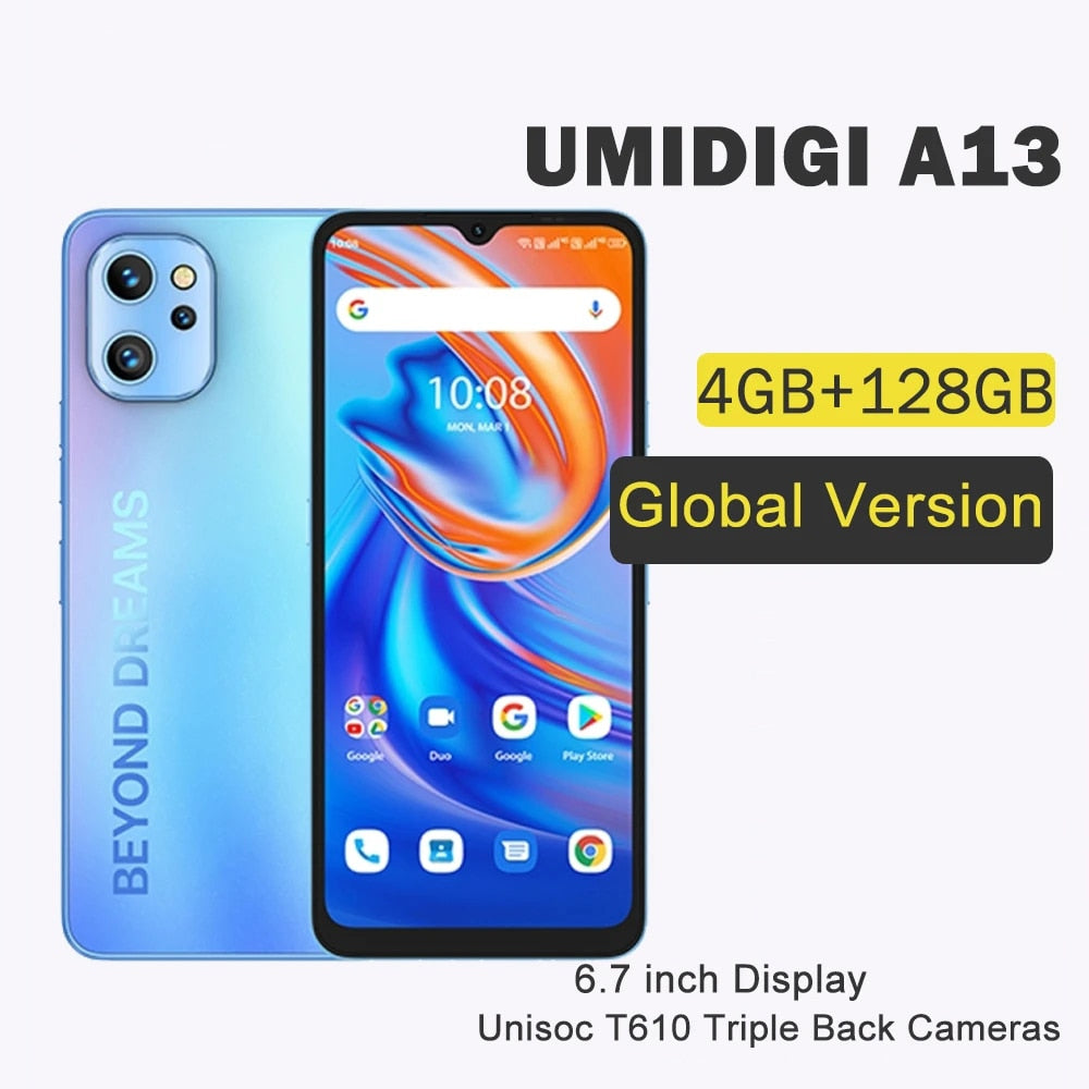 Global Version UMIDIGI A13 Smartphone 4GB RAM 128GB ROM 6.7" HD+ Android 11 5150mAh 20MP AI Camera Unisoc T610 OTG Moblie Phone