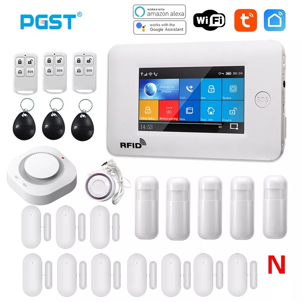 PGST 433MHz All Touch Screen Wireless WIFI GSM RFID Card Burglar Alarm System Smart Home Security DIY Alarm TUYA Smart Life